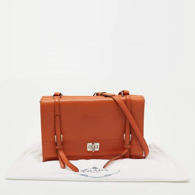 Pre Owned Prada Orange Leather Double Sided Flap Crossbody Bag