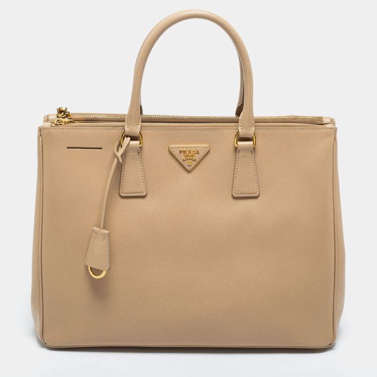 Pre Owned Prada Beige Saffiano Lux Leather Large Galleria Double Zip Tote