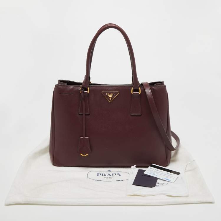 Pre Owned Prada Burgundy Saffiano Lux Leather Small Middle Zip Tote