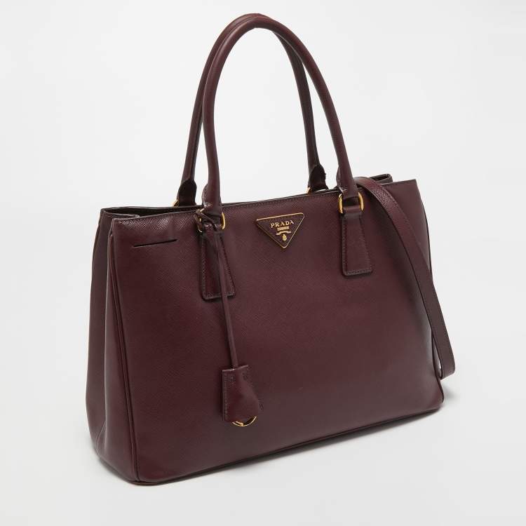 Pre Owned Prada Burgundy Saffiano Lux Leather Small Middle Zip Tote
