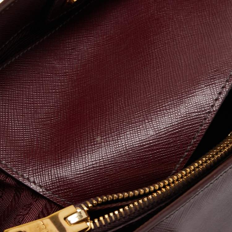 Pre Owned Prada Burgundy Saffiano Lux Leather Small Middle Zip Tote