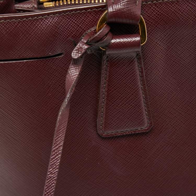 Pre Owned Prada Burgundy Saffiano Lux Leather Small Middle Zip Tote