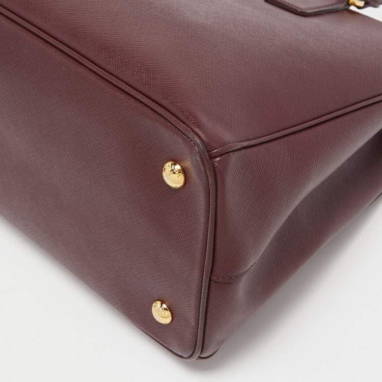 Pre Owned Prada Burgundy Saffiano Lux Leather Small Middle Zip Tote
