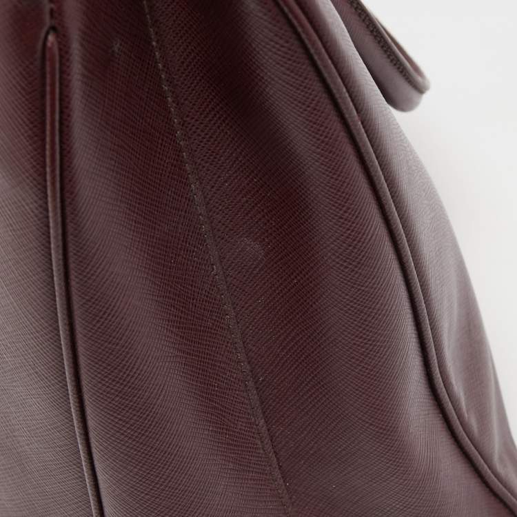 Pre Owned Prada Burgundy Saffiano Lux Leather Small Middle Zip Tote