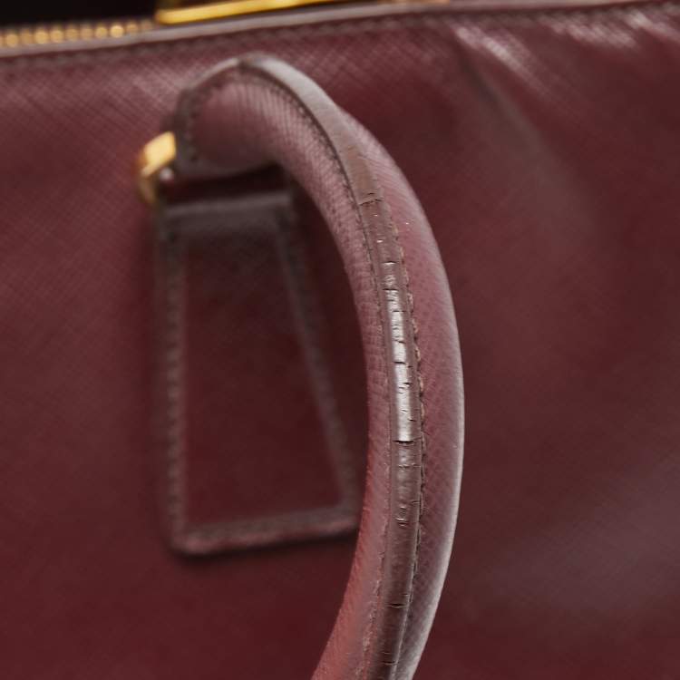 Pre Owned Prada Burgundy Saffiano Lux Leather Small Middle Zip Tote