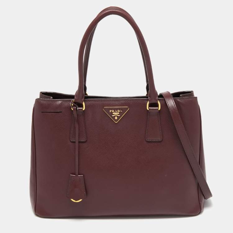 Pre Owned Prada Burgundy Saffiano Lux Leather Small Middle Zip Tote