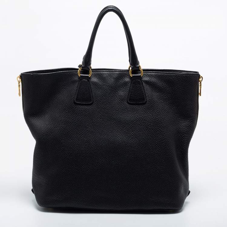 Pre Owned Prada Black Vitello Diano Leather Side Zip Shopper Tote