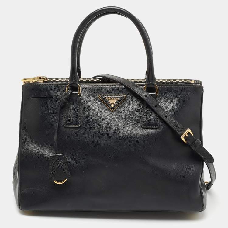 Pre Owned Prada Black Saffiano Lux Leather Medium Galleria Double Zip Tote
