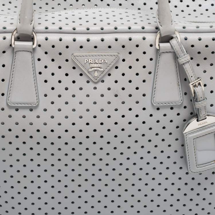 Pre Owned Prada Grey Perforated Leather Boston Bag