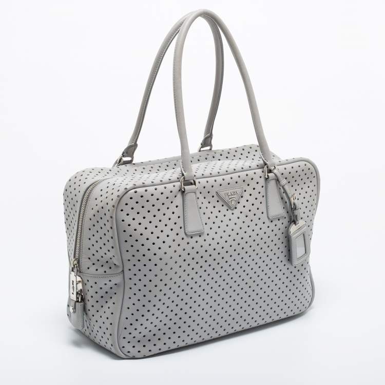 Pre Owned Prada Grey Perforated Leather Boston Bag