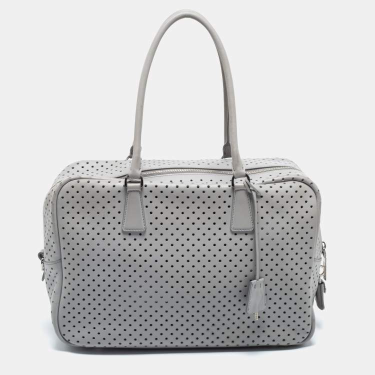 Pre Owned Prada Grey Perforated Leather Boston Bag