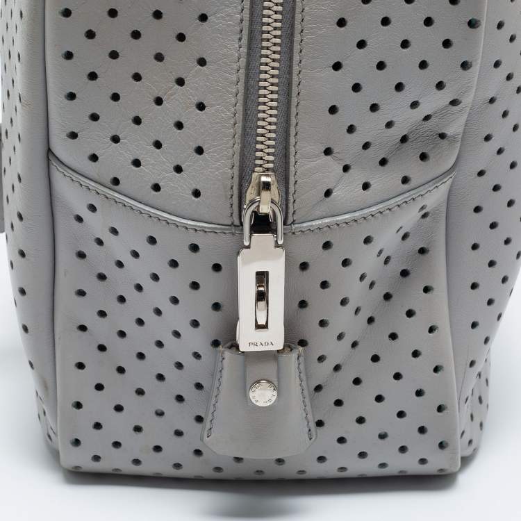 Pre Owned Prada Grey Perforated Leather Boston Bag