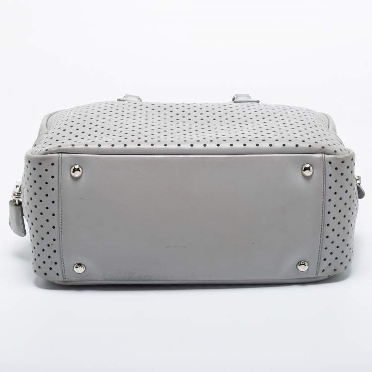 Pre Owned Prada Grey Perforated Leather Boston Bag