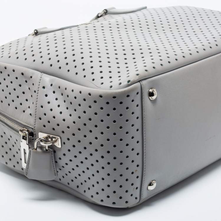 Pre Owned Prada Grey Perforated Leather Boston Bag