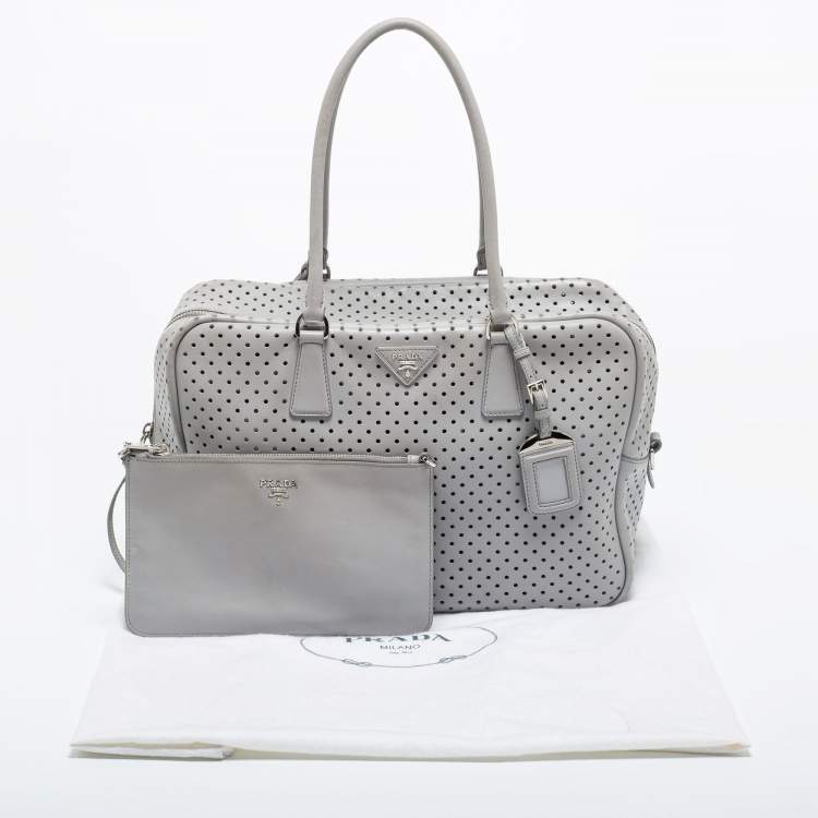 Pre Owned Prada Grey Perforated Leather Boston Bag