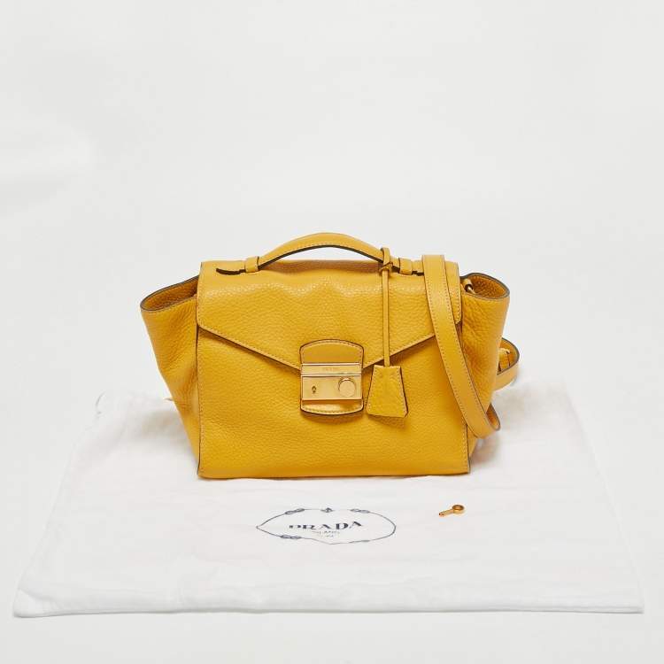 Pre Owned Prada Yellow Vitello Daino Leather Sound Flap Top Handle Bag