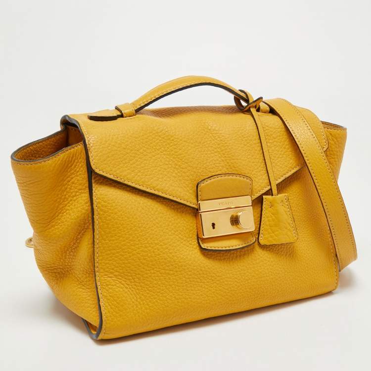 Pre Owned Prada Yellow Vitello Daino Leather Sound Flap Top Handle Bag