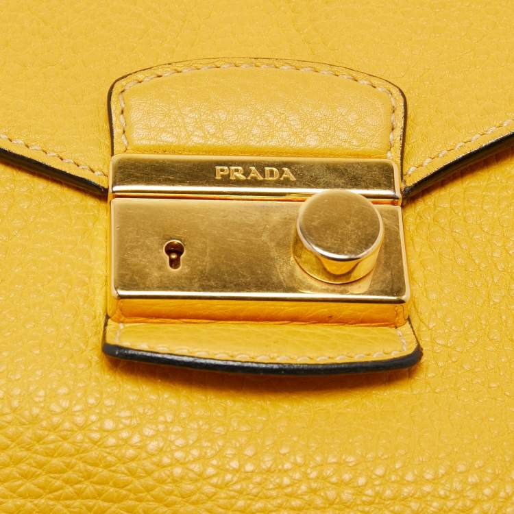 Pre Owned Prada Yellow Vitello Daino Leather Sound Flap Top Handle Bag