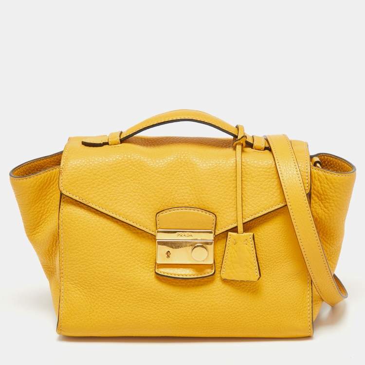 Pre Owned Prada Yellow Vitello Daino Leather Sound Flap Top Handle Bag