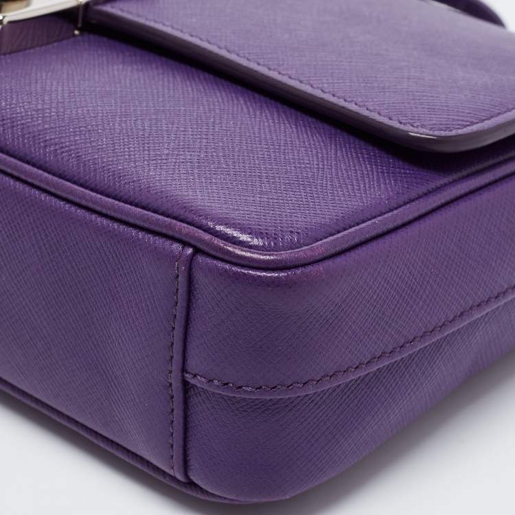 Pre Owned Prada Purple Saffiano Lux Leather Mini Sound Flap Shoulder Bag