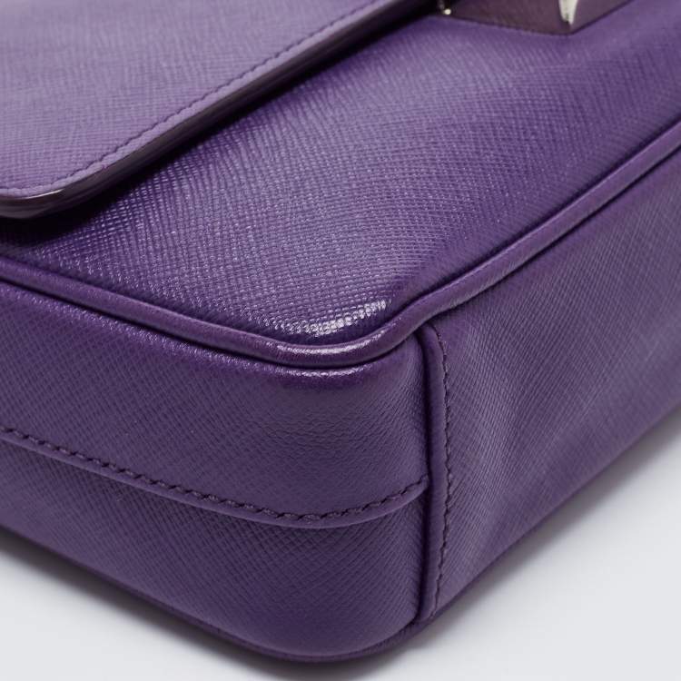 Pre Owned Prada Purple Saffiano Lux Leather Mini Sound Flap Shoulder Bag