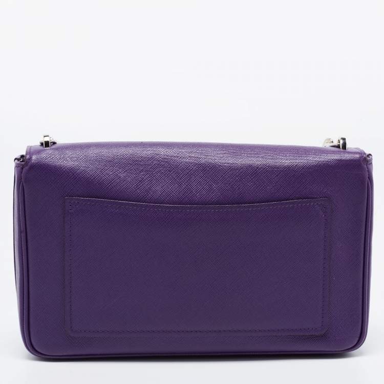 Pre Owned Prada Purple Saffiano Lux Leather Mini Sound Flap Shoulder Bag