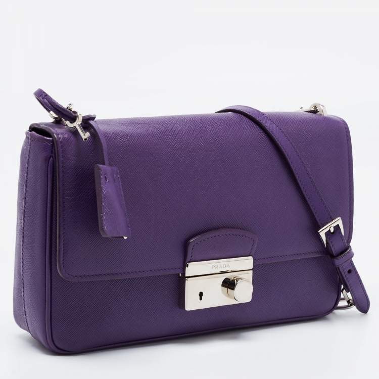 Pre Owned Prada Purple Saffiano Lux Leather Mini Sound Flap Shoulder Bag