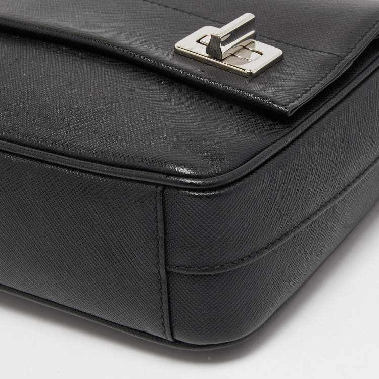 Pre Owned Prada Black Saffiano Leather Double Turnlock Shoulder Bag