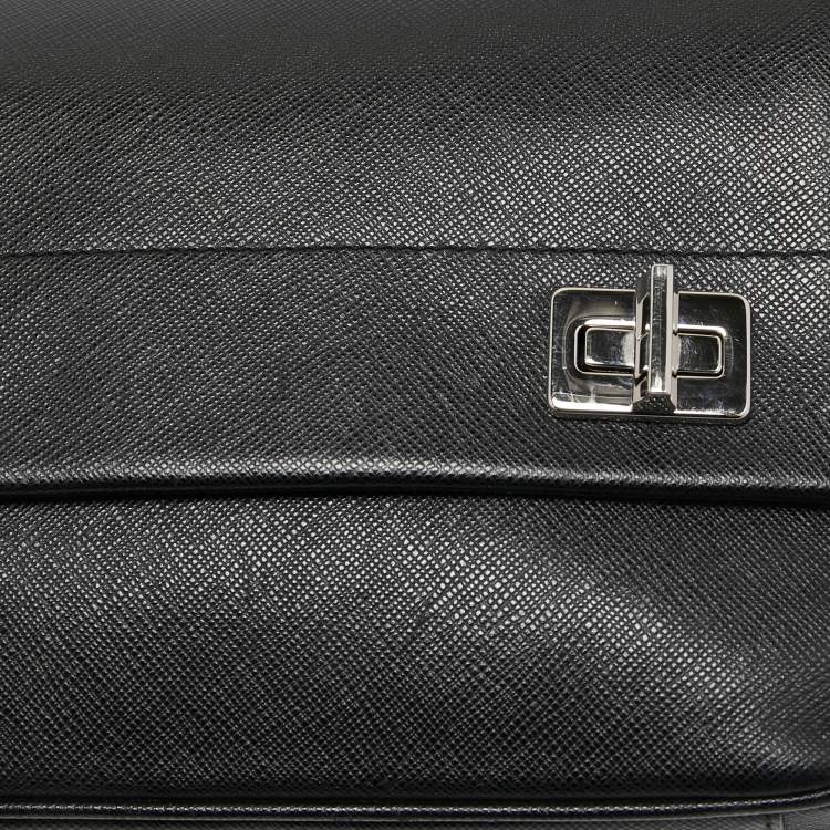 Pre Owned Prada Black Saffiano Leather Double Turnlock Shoulder Bag