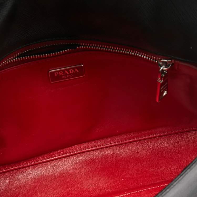 Pre Owned Prada Black Saffiano Leather Double Turnlock Shoulder Bag