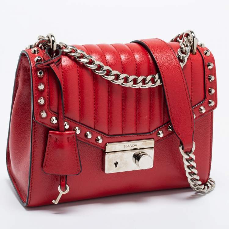 Pre Owned Prada Red Studded Vitello Daino Leather Flap Crossbody Bag