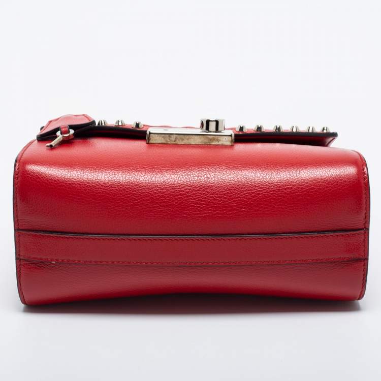 Pre Owned Prada Red Studded Vitello Daino Leather Flap Crossbody Bag