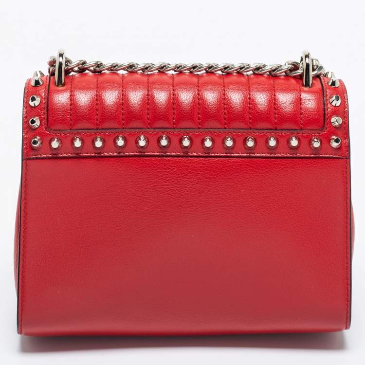 Pre Owned Prada Red Studded Vitello Daino Leather Flap Crossbody Bag