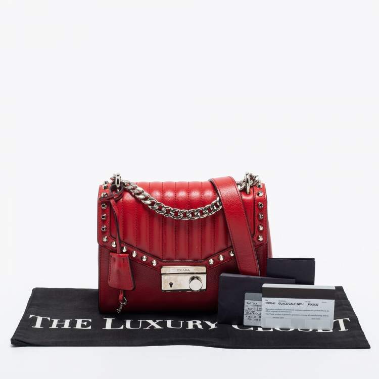 Pre Owned Prada Red Studded Vitello Daino Leather Flap Crossbody Bag