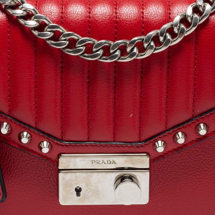 Pre Owned Prada Red Studded Vitello Daino Leather Flap Crossbody Bag
