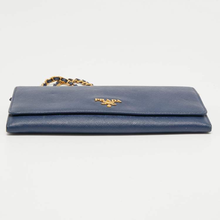 Pre Owned Prada Blue Saffiano Leather Wallet On Chain