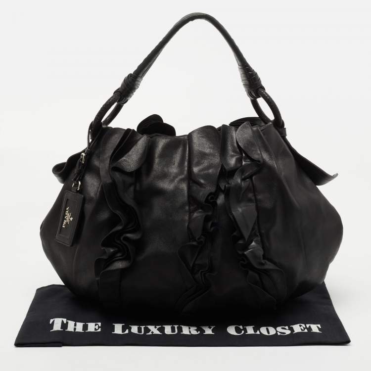 Pre Owned Prada Black Leather Ruffle Hobo