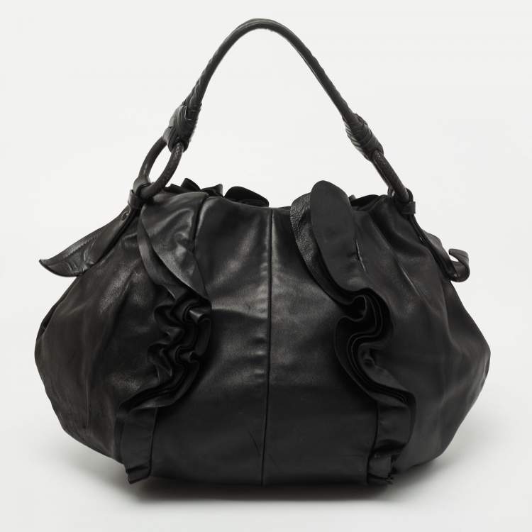 Pre Owned Prada Black Leather Ruffle Hobo