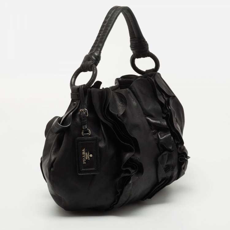Pre Owned Prada Black Leather Ruffle Hobo