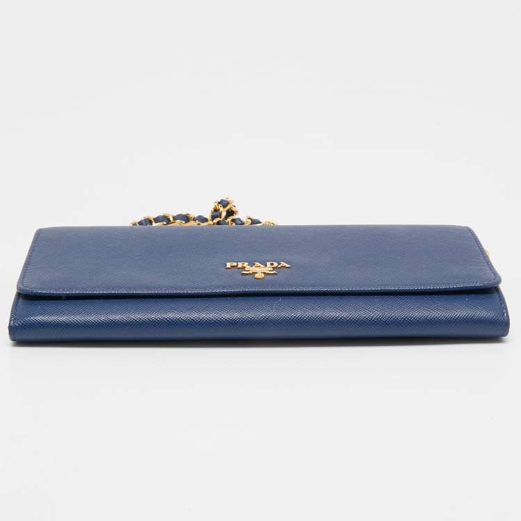 Pre Owned Prada Navy Blue Saffiano Leather Wallet on Chain