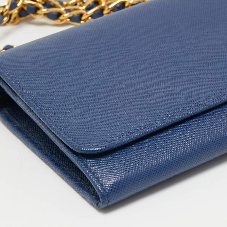 Pre Owned Prada Navy Blue Saffiano Leather Wallet on Chain