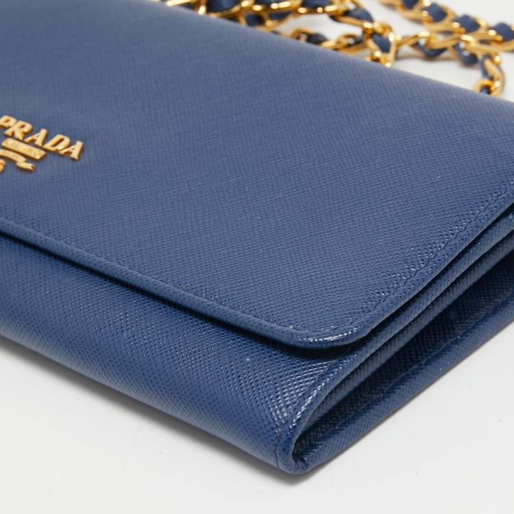 Pre Owned Prada Navy Blue Saffiano Leather Wallet on Chain