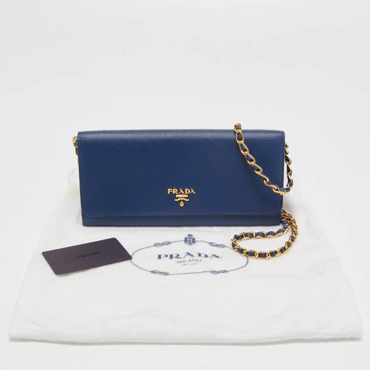 Pre Owned Prada Navy Blue Saffiano Leather Wallet on Chain