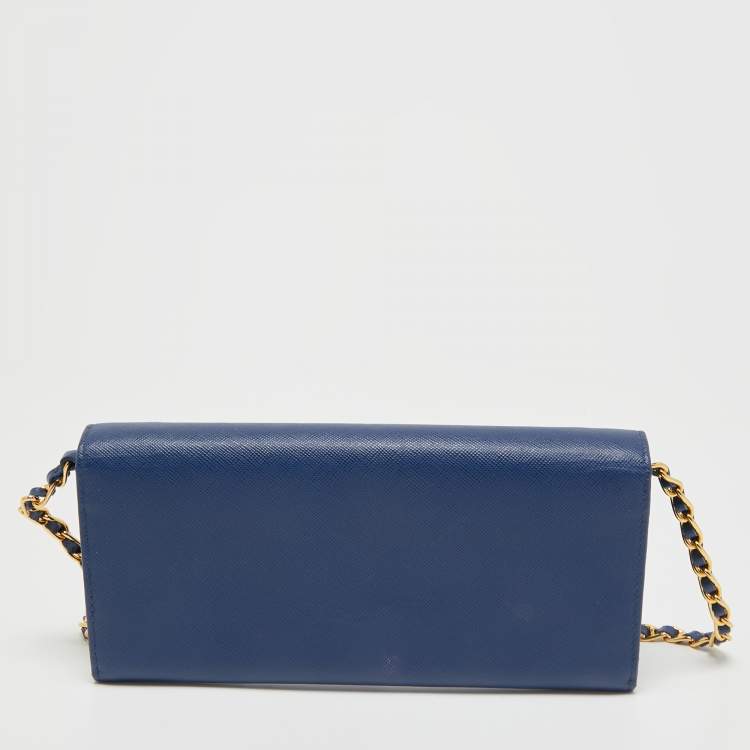Pre Owned Prada Navy Blue Saffiano Leather Wallet on Chain