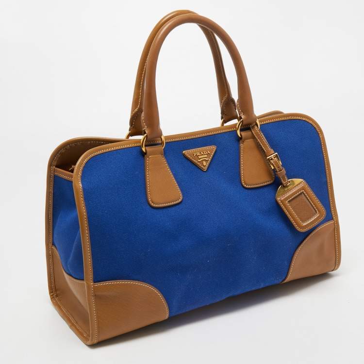 Pre Owned Prada Blue/Brown Canvas and Saffiano Leather Satchel