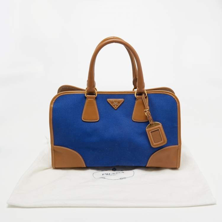 Pre Owned Prada Blue/Brown Canvas and Saffiano Leather Satchel