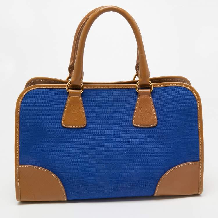 Pre Owned Prada Blue/Brown Canvas and Saffiano Leather Satchel