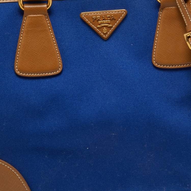 Pre Owned Prada Blue/Brown Canvas and Saffiano Leather Satchel