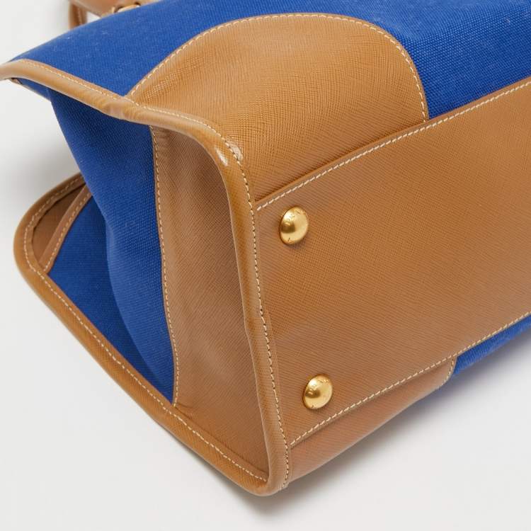 Pre Owned Prada Blue/Brown Canvas and Saffiano Leather Satchel