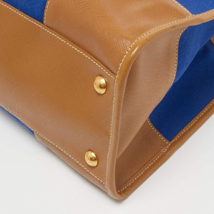Pre Owned Prada Blue/Brown Canvas and Saffiano Leather Satchel